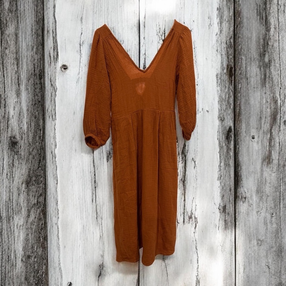 Madewell Rust-Colored V-Neck Maxi Dress with Puff Sleeves